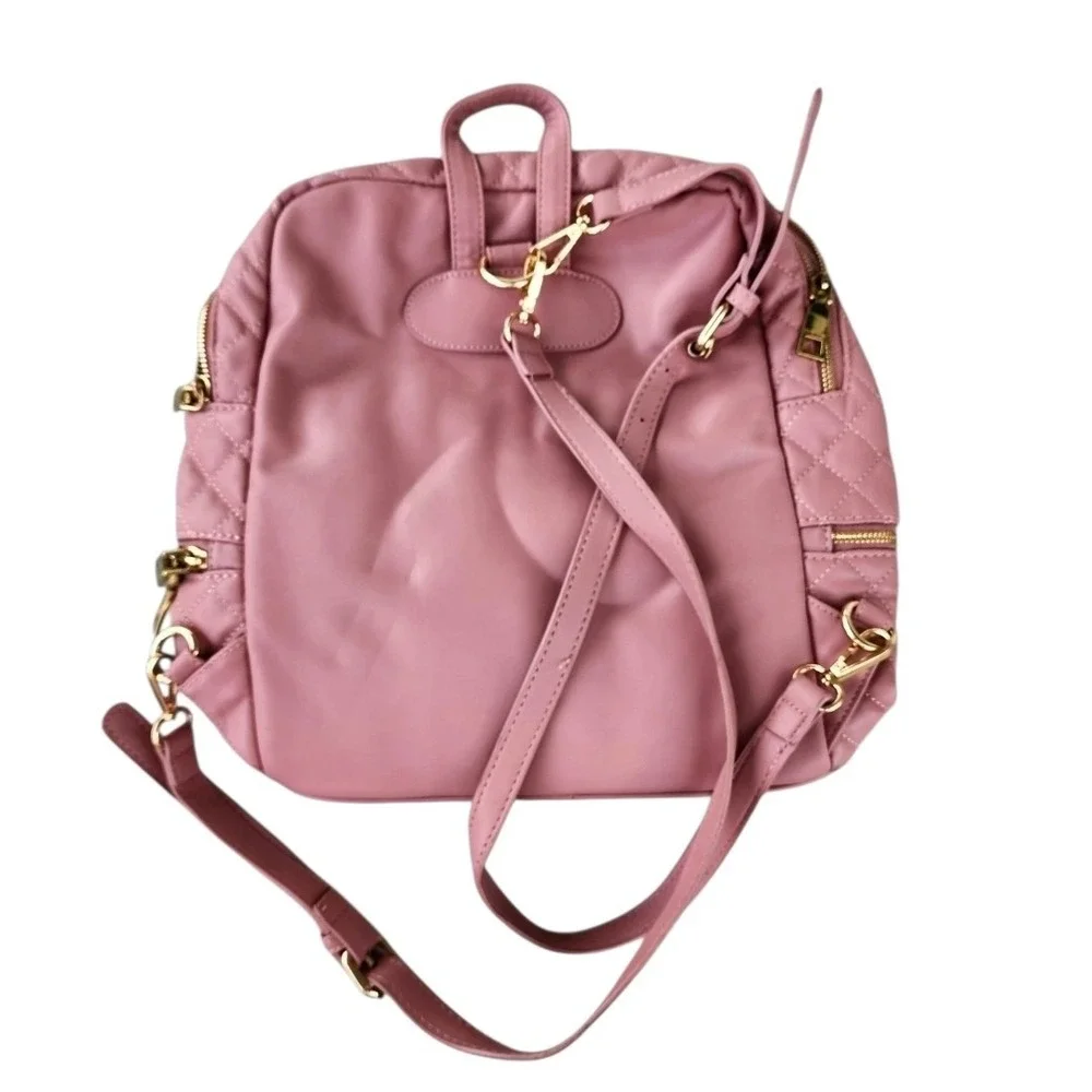 Bebe Pink Quilted Backpack Purse Gold Tone Convertible Bag Faux Leather